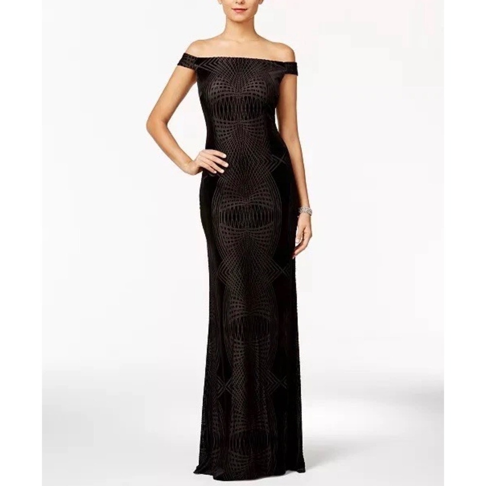 Adrianna Papell Black Burn Out Velvet Off Shoulder Gown Long Dress Size 8 New